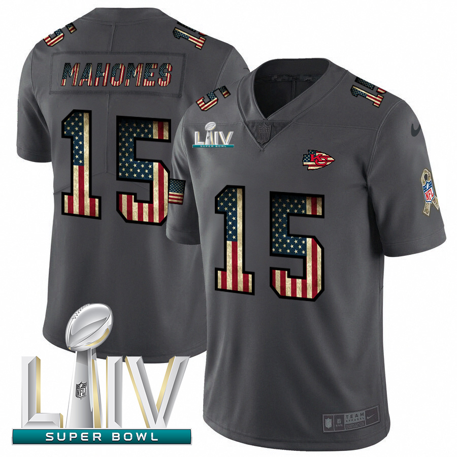 Personalized Kansas City Chiefs #15 Patrick Mahomes Black Super Bowl LIV 2020 2018 Salute to Service Retro USA Flag Limited NFL Jersey