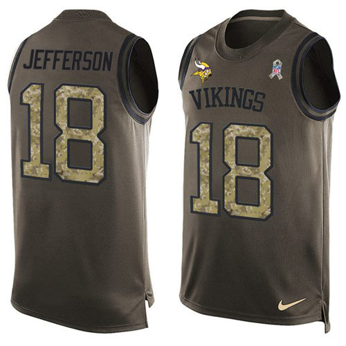 Personalized Vikings #18 Justin Jefferson Green Men’s Stitched NFL Limited Salute To Service Tank Top Jersey