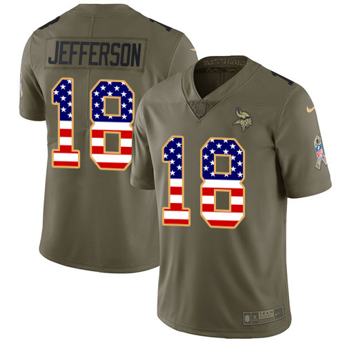 Personalized Vikings #18 Justin Jefferson Olive USA Flag Men’s Stitched NFL Limited 2017 Salute To Service Jersey