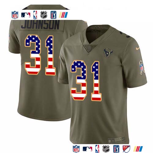 Personalized Texans #31 David Johnson Olive USA Flag Men’s Stitched NFL Limited 2017 Salute To Service Jersey