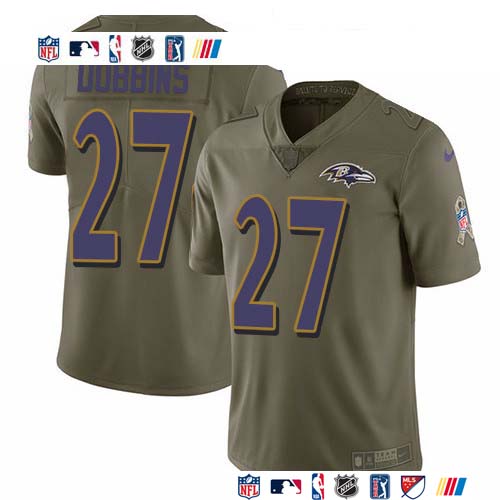 Personalized Ravens #27 J.K. Dobbins Olive Men’s Stitched NFL Limited 2017 Salute To Service Jersey