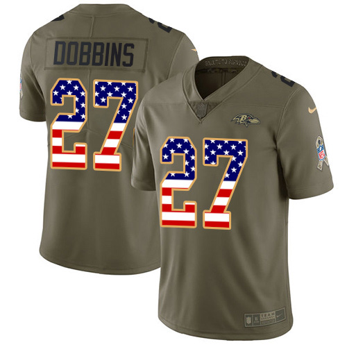 Personalized Ravens #27 J.K. Dobbins Olive USA Flag Men’s Stitched NFL Limited 2017 Salute To Service Jersey