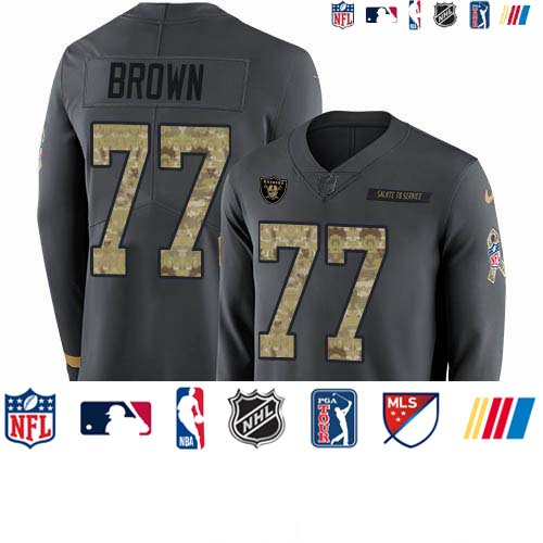 Personalized Raiders #77 Trent Brown Anthracite Salute to Service Men’s Stitched NFL Limited Therma Long Sleeve Jersey