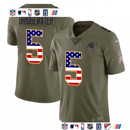 Personalized Panthers #5 Teddy Bridgewater Olive USA Flag Men’s Stitched NFL Limited 2017 Salute To Service Jersey
