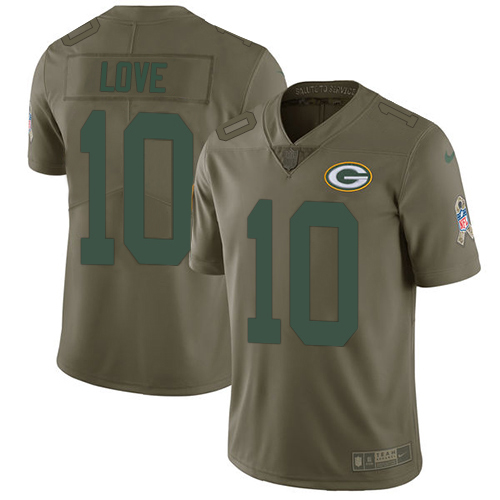 Personalized Packers #10 Jordan Love Olive Men’s Stitched NFL Limited 2017 Salute To Service Jersey