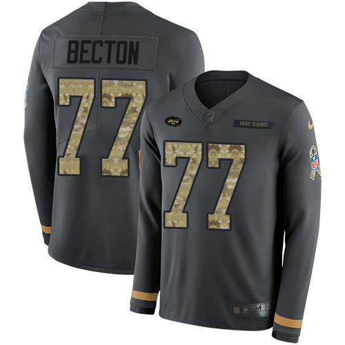 Personalized Jets #77 Mekhi Becton Anthracite Salute to Service Men’s Stitched NFL Limited Therma Long Sleeve Jersey