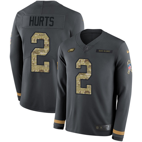 Personalized Eagles #2 Jalen Hurts Anthracite Salute to Service Men’s Stitched NFL Limited Therma Long Sleeve Jersey