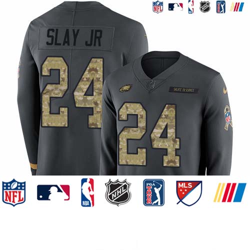 Personalized Eagles #24 Darius Slay Jr Anthracite Salute to Service Men’s Stitched NFL Limited Therma Long Sleeve Jersey