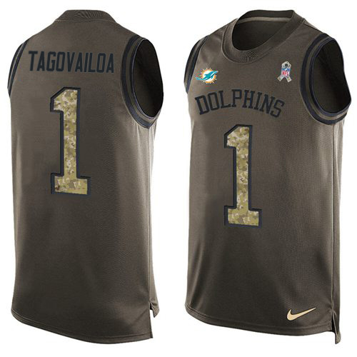 Personalized Dolphins #1 Tua Tagovailoa Green Men’s Stitched NFL Limited Salute To Service Tank Top Jersey