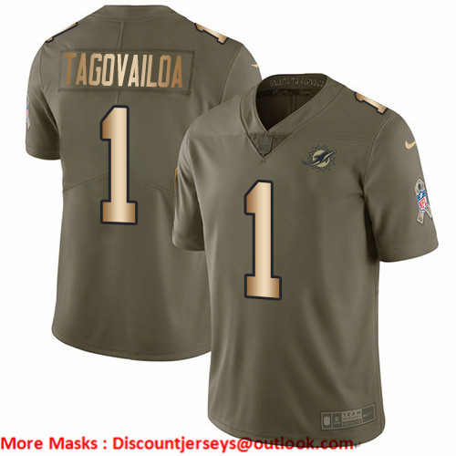 Personalized Dolphins #1 Tua Tagovailoa Olive Gold Men’s Stitched NFL Limited 2017 Salute To Service Jersey