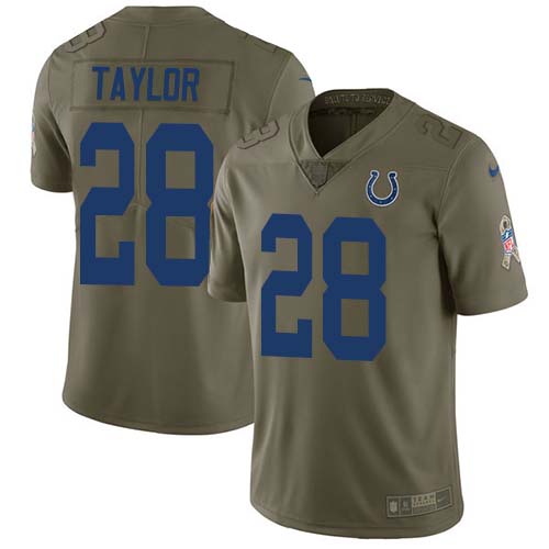 Personalized Colts #28 Jonathan Taylor Olive Men’s Stitched NFL Limited 2017 Salute To Service Jersey