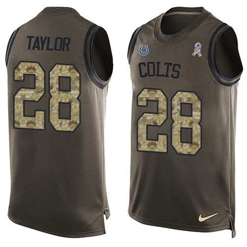 Personalized Colts #28 Jonathan Taylor Green Men’s Stitched NFL Limited Salute To Service Tank Top Jersey