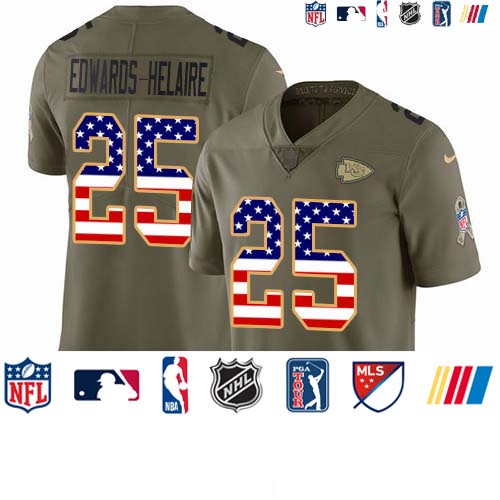 Personalized Chiefs #25 Clyde Edwards-Helaire Olive USA Flag Men’s Stitched NFL Limited 2017 Salute To Service Jersey