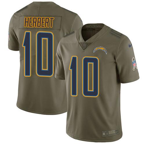 Personalized Chargers #10 Justin Herbert Olive Men’s Stitched NFL Limited 2017 Salute To Service Jersey