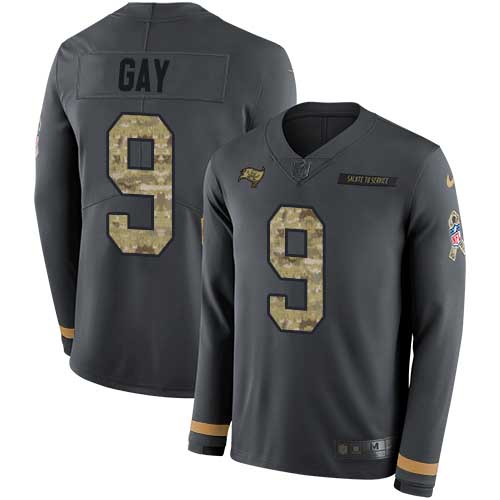 Personalized Buccaneers #9 Matt Gay Anthracite Salute to Service Men’s Stitched NFL Limited Therma Long Sleeve Jersey