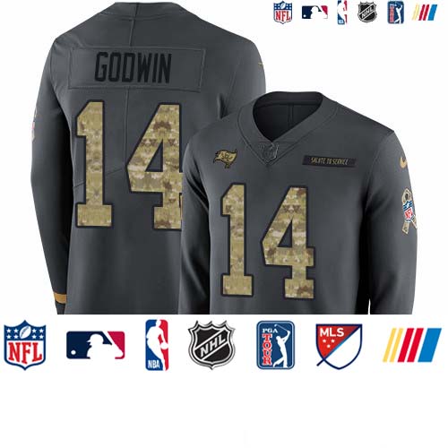 Personalized Buccaneers #14 Chris Godwin Anthracite Salute to Service Men’s Stitched NFL Limited Therma Long Sleeve Jersey
