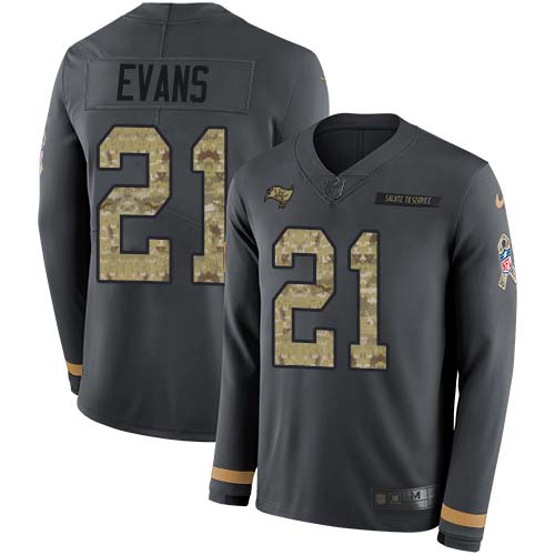Personalized Buccaneers #21 Justin Evans Anthracite Salute to Service Men’s Stitched NFL Limited Therma Long Sleeve Jersey