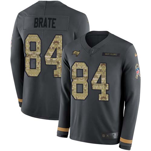 Personalized Buccaneers #84 Cameron Brate Anthracite Salute to Service Men’s Stitched NFL Limited Therma Long Sleeve Jersey