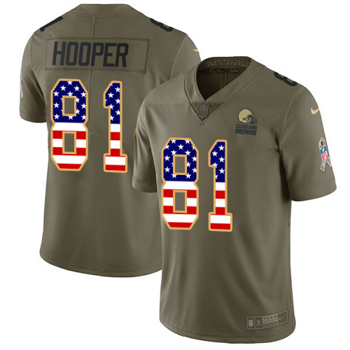 Personalized Browns #81 Austin Hooper Olive USA Flag Men’s Stitched NFL Limited 2017 Salute To Service Jersey
