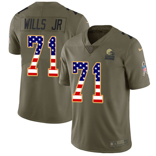 Personalized Browns #71 Jedrick Wills JR Olive USA Flag Men’s Stitched NFL Limited 2017 Salute To Service Jersey