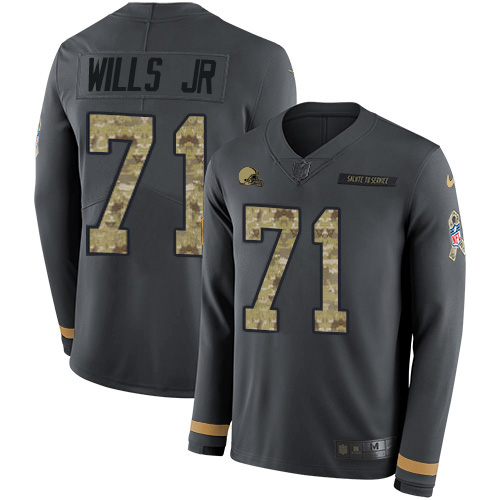 Personalized Browns #71 Jedrick Wills JR Anthracite Salute to Service Men’s Stitched NFL Limited Therma Long Sleeve Jersey