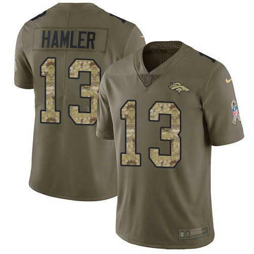 Personalized Broncos #13 KJ Hamler Olive Camo Men’s Stitched NFL Limited 2017 Salute To Service Jersey