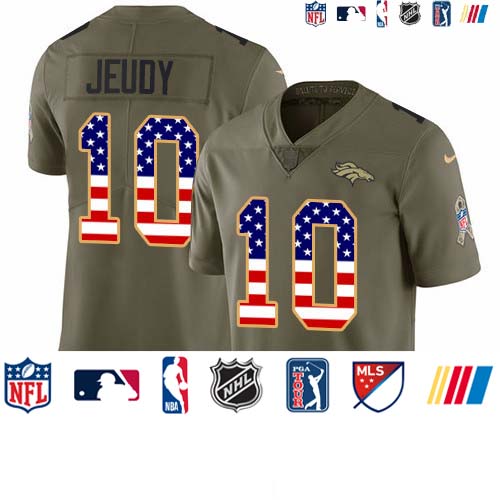 Personalized Broncos #10 Jerry Jeudy Olive USA Flag Men’s Stitched NFL Limited 2017 Salute To Service Jersey