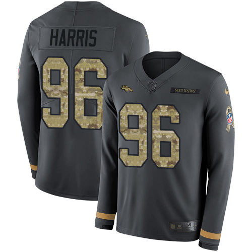 Personalized Broncos #96 Shelby Harris Anthracite Salute to Service Men’s Stitched NFL Limited Therma Long Sleeve Jersey