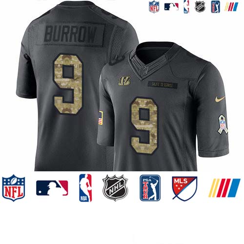 Personalized Bengals #9 Joe Burrow Black Men’s Stitched NFL Limited 2016 Salute to Service Jersey