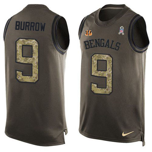 Personalized Bengals #9 Joe Burrow Green Men’s Stitched NFL Limited Salute To Service Tank Top Jersey