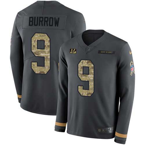 Personalized Bengals #9 Joe Burrow Anthracite Salute to Service Men’s Stitched NFL Limited Therma Long Sleeve Jersey