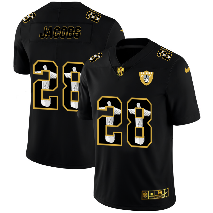 Personalized Las Vegas Raiders #28 Josh Jacobs Carbon Black Cristo Redentor Limited NFL Jersey