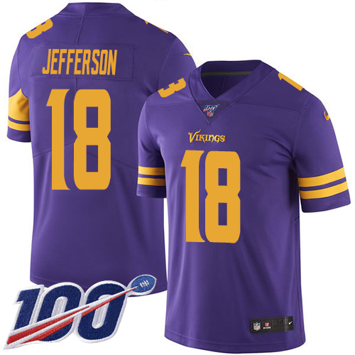 Personalized Vikings #18 Justin Jefferson Purple Men’s Stitched NFL Limited Rush 100th Season Jersey