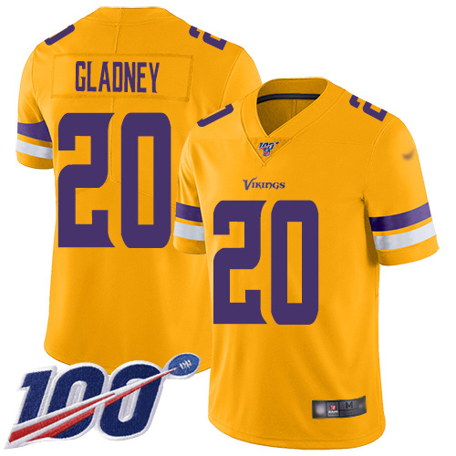 Personalized Vikings #20 Jeff Gladney Gold Men’s Stitched NFL Limited Inverted Legend 100th Season Jersey