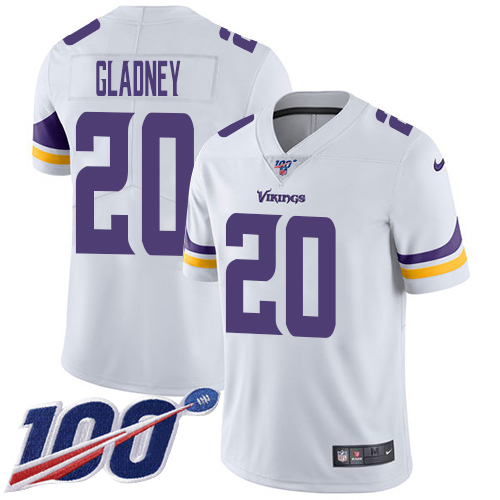 Personalized Vikings #20 Jeff Gladney White Men’s Stitched NFL 100th Season Untouchable Limited Jersey