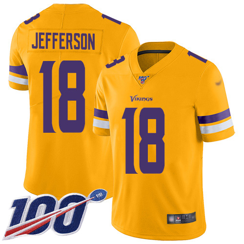 Personalized Vikings #18 Justin Jefferson Gold Men’s Stitched NFL Limited Inverted Legend 100th Season Jersey