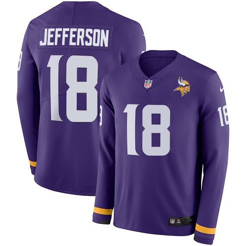 Personalized Vikings #18 Justin Jefferson Purple Team Color Men’s Stitched NFL Limited Therma Long Sleeve Jersey