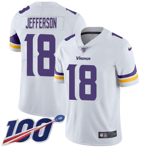 Personalized Vikings #18 Justin Jefferson White Men’s Stitched NFL 100th Season Untouchable Limited Jersey