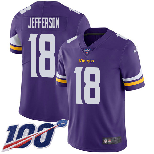 Personalized Vikings #18 Justin Jefferson Purple Team Color Men’s Stitched NFL 100th Season Untouchable Limited Jersey
