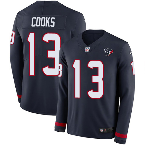 Personalized Texans #13 Brandin Cooks Navy Blue Team Color Men’s Stitched NFL Limited Therma Long Sleeve Jersey