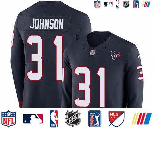 Personalized Texans #31 David Johnson Navy Blue Team Color Men’s Stitched NFL Limited Therma Long Sleeve Jersey