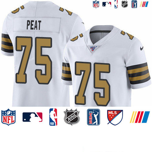 Personalized Saints #75 Andrus Peat White Men’s Stitched NFL Limited Rush 100th Season Jersey