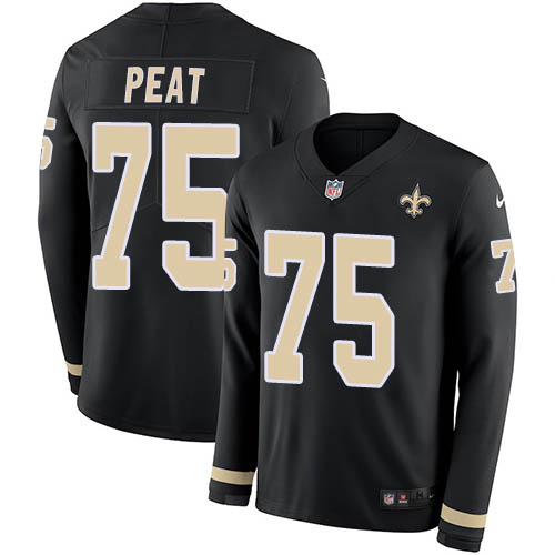 Personalized Saints #75 Andrus Peat Black Team Color Men’s Stitched NFL Limited Therma Long Sleeve Jersey