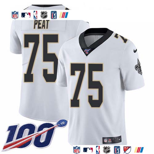 Personalized Saints #75 Andrus Peat White Men’s Stitched NFL 100th Season Untouchable Limited Jersey