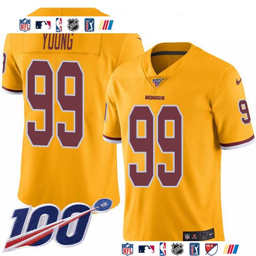 Personalized Redskins #99 Chase Young Gold Men’s Stitched NFL Limited Rush 100th Season Jersey