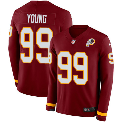 Personalized Redskins #99 Chase Young Burgundy Red Team Color Men’s Stitched NFL Limited Therma Long Sleeve Jersey