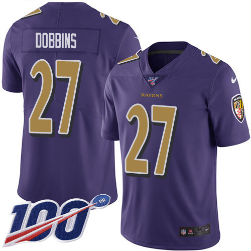 Personalized Ravens #27 J.K. Dobbins Purple Men’s Stitched NFL Limited Rush 100th Season Jersey