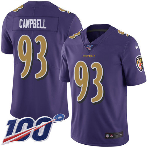Personalized Ravens #93 Calais Campbell Purple Men’s Stitched NFL Limited Rush 100th Season Jersey