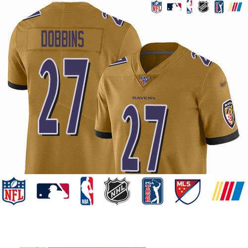 Personalized Ravens #27 J.K. Dobbins Gold Men’s Stitched NFL Limited Inverted Legend 100th Season Jersey