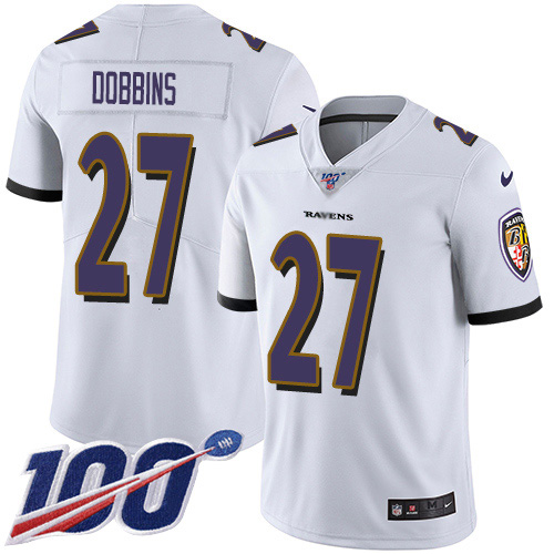 Personalized Ravens #27 J.K. Dobbins White Men’s Stitched NFL 100th Season Untouchable Limited Jersey